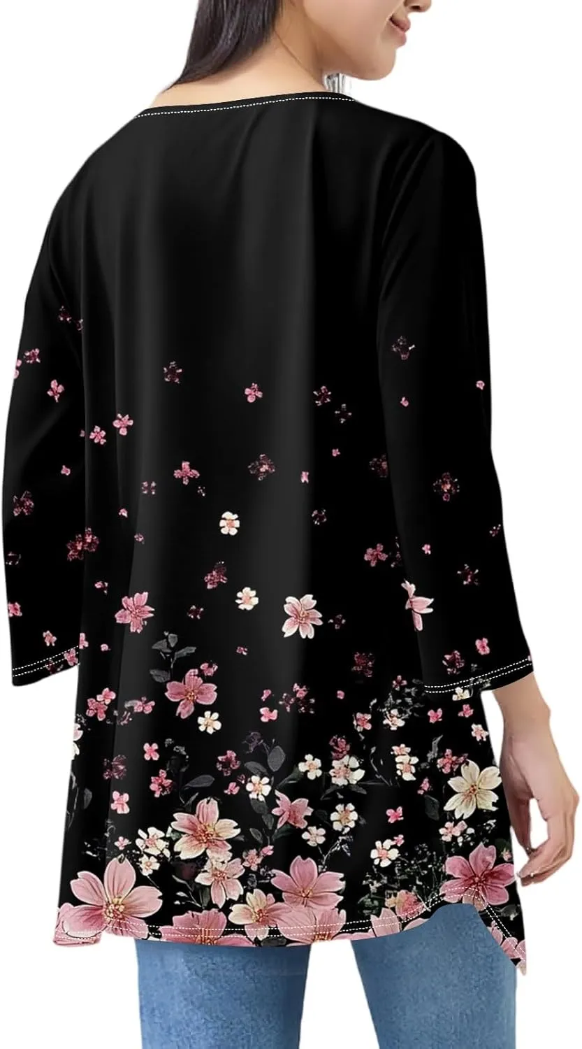Summer Cardigan for Women 3/4 Length Open Front Draped Cardigan Ruffle Kimono Cover Up Loose Floral Print with Pockets