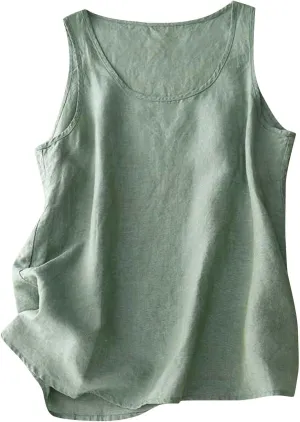 Summer Cotton Linen Tank Tops Women Sleeveless Square Neck Tees Shirts Elegant Solid Color Lightweight Comfy Blouses