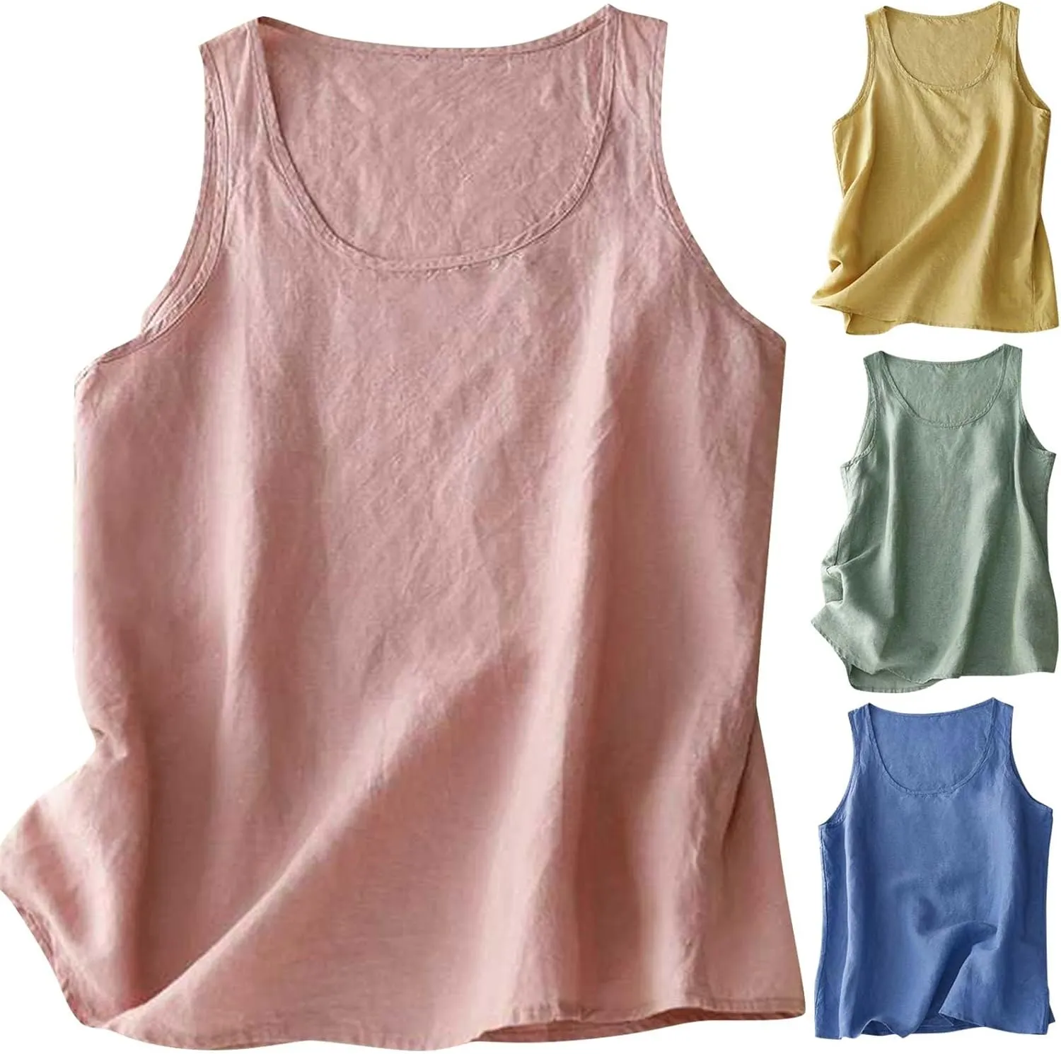 Summer Cotton Linen Tank Tops Women Sleeveless Square Neck Tees Shirts Elegant Solid Color Lightweight Comfy Blouses
