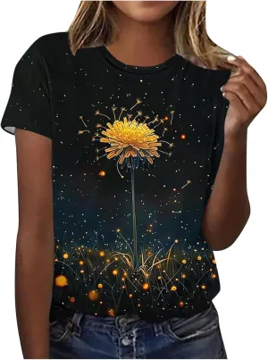 Summer Tops for Women 2025 Trendy Short Sleeve Boho Shirts Retro Floral Graphic Tees Plus Size Casual Crew Neck Tshirt