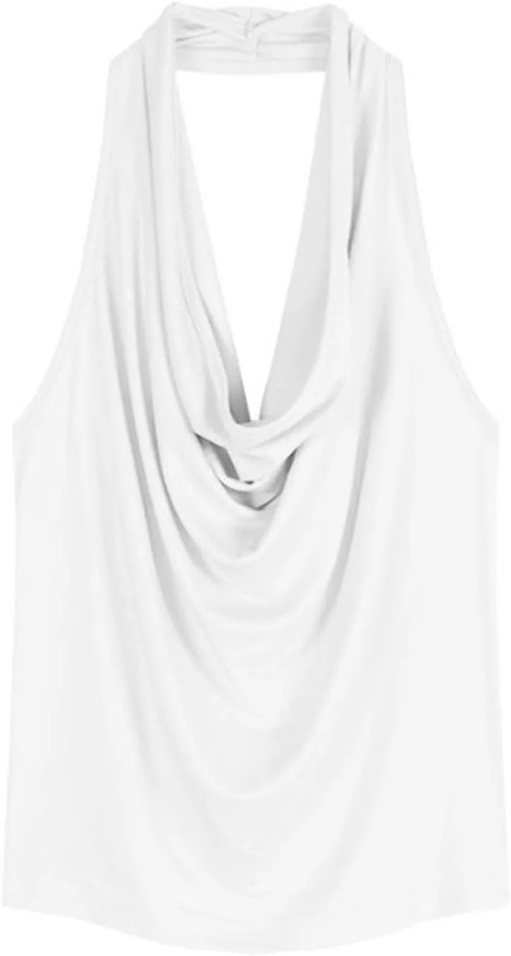 Summer Womens Sexy Cowl & Halter Neck Tops Sleeveless Pleated Open Back Crop Tops for Beach/Resort/Club Outfits​