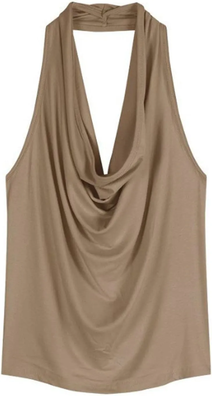 Summer Womens Sexy Cowl & Halter Neck Tops Sleeveless Pleated Open Back Crop Tops for Beach/Resort/Club Outfits​