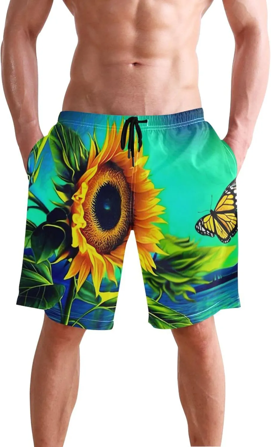 Sunflower Pictured Butterfly Lake Mens Swim Trunks Funny Quick Dry Elastic Waist Surf Beach Swimming Shorts S