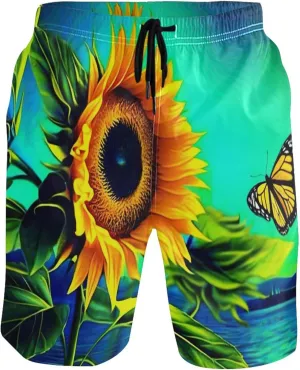 Sunflower Pictured Butterfly Lake Mens Swim Trunks Funny Quick Dry Elastic Waist Surf Beach Swimming Shorts S