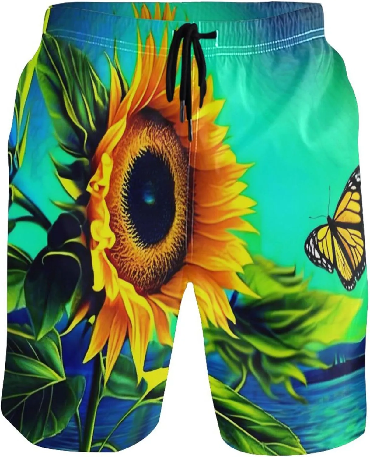 Sunflower Pictured Butterfly Lake Mens Swim Trunks Funny Quick Dry Elastic Waist Surf Beach Swimming Shorts S