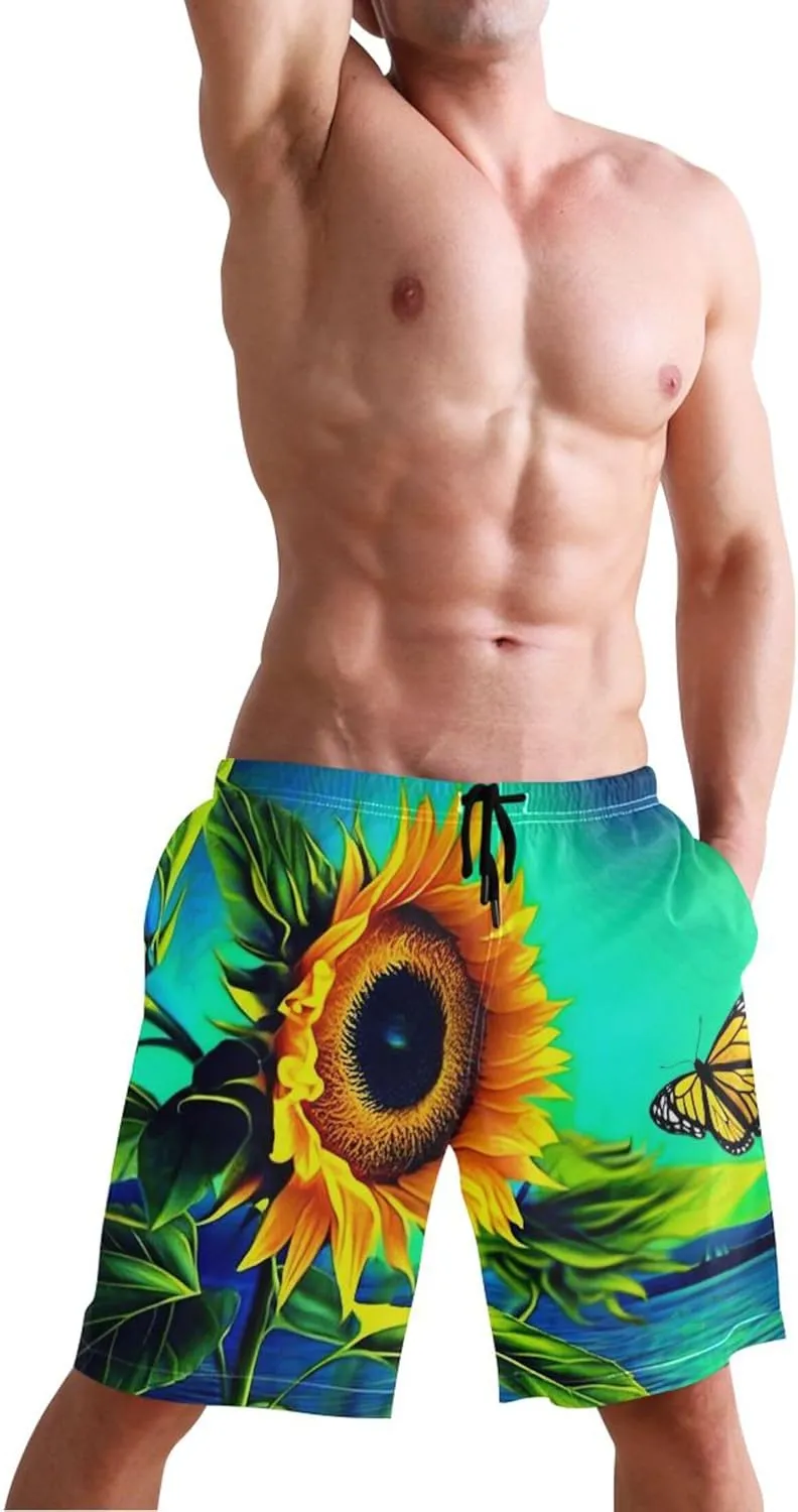 Sunflower Pictured Butterfly Lake Mens Swim Trunks Funny Quick Dry Elastic Waist Surf Beach Swimming Shorts S