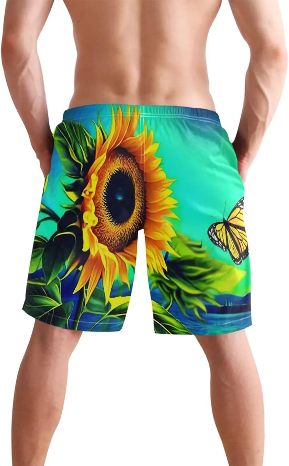 Sunflower Pictured Butterfly Lake Mens Swim Trunks Funny Quick Dry Elastic Waist Surf Beach Swimming Shorts S