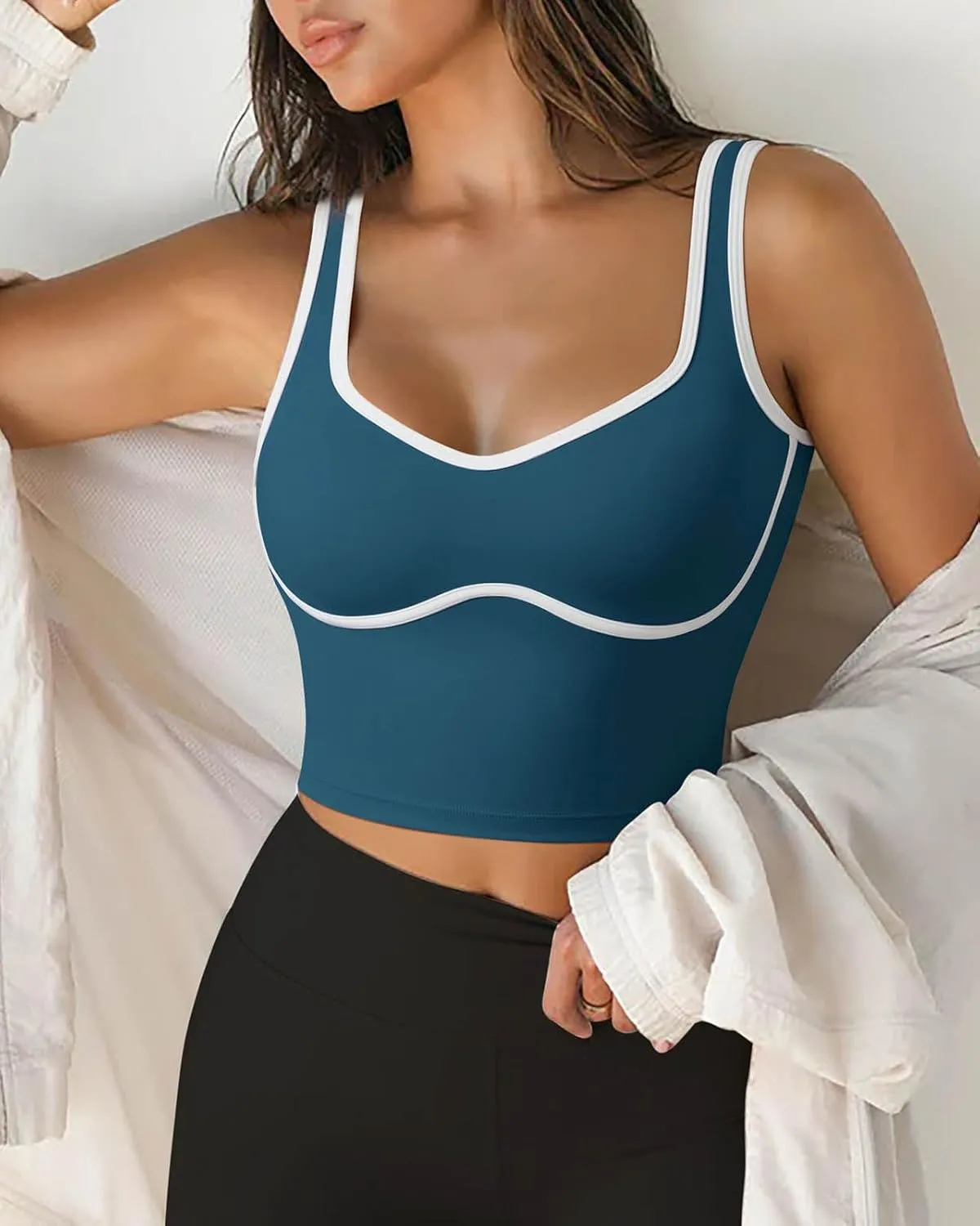 SUUKSESS Women Sweetheart Neckline Longline Sports Bra Padded Basic Workout Crop Tank Top