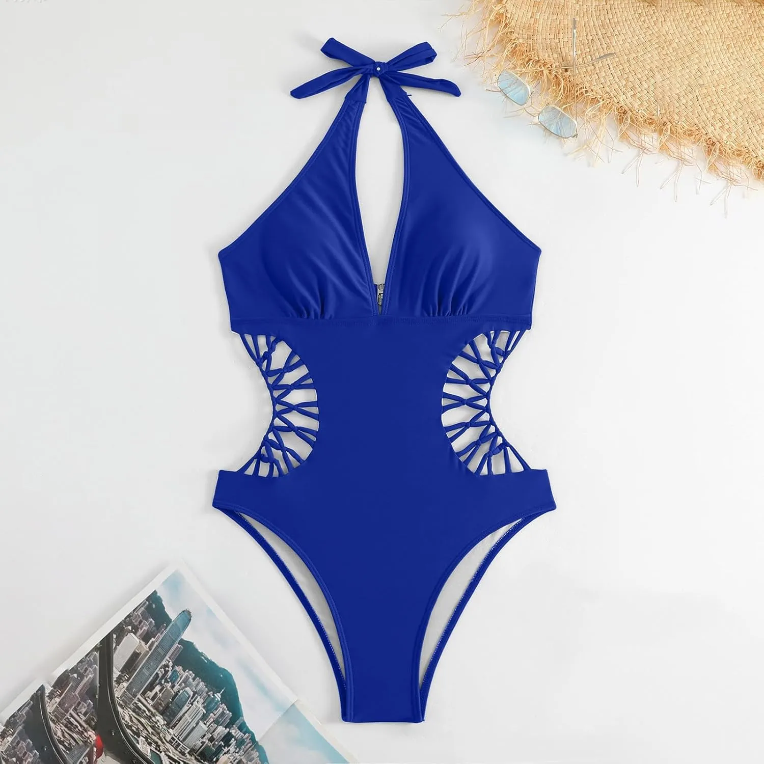 Swim Suits for Women 2025 Solid Color One Piece Swimsuit Hollow Tight Backless Swimsuit with Tummy Control