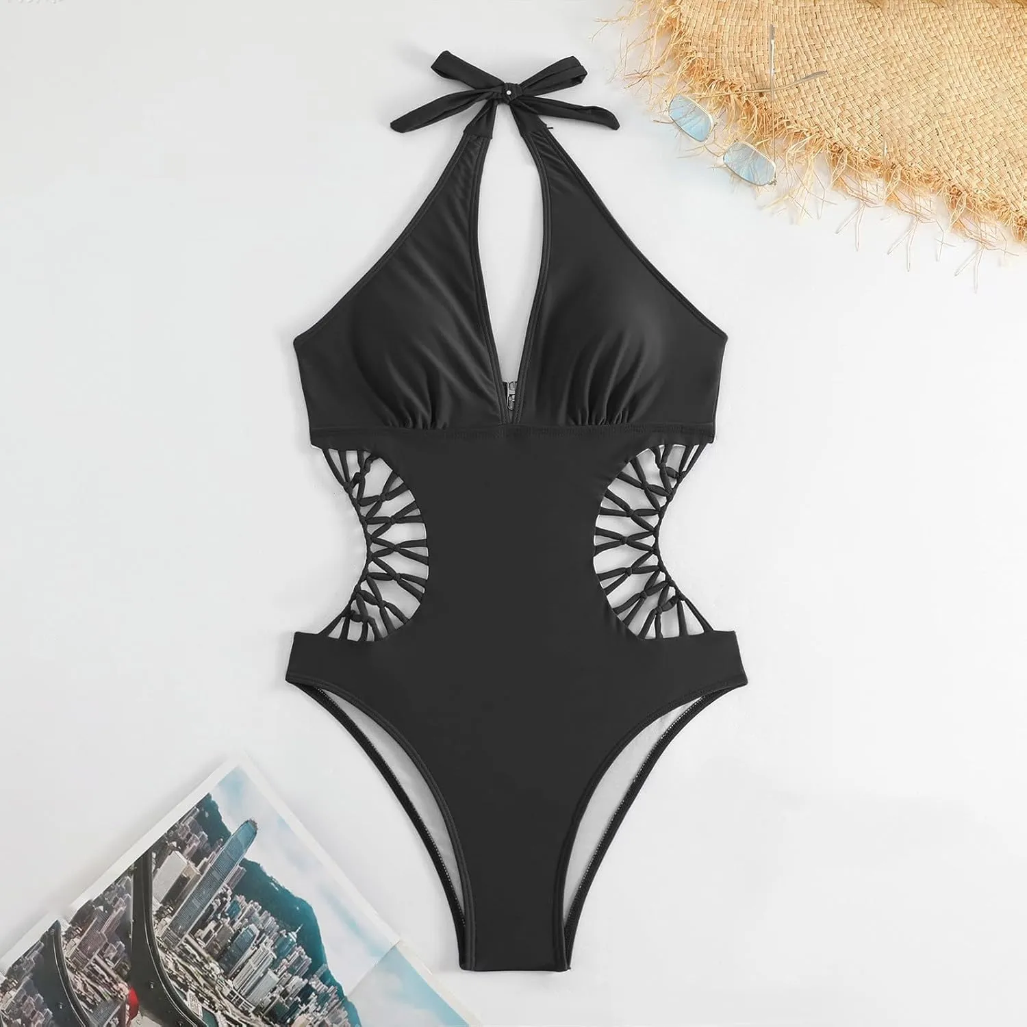 Swim Suits for Women 2025 Solid Color One Piece Swimsuit Hollow Tight Backless Swimsuit with Tummy Control