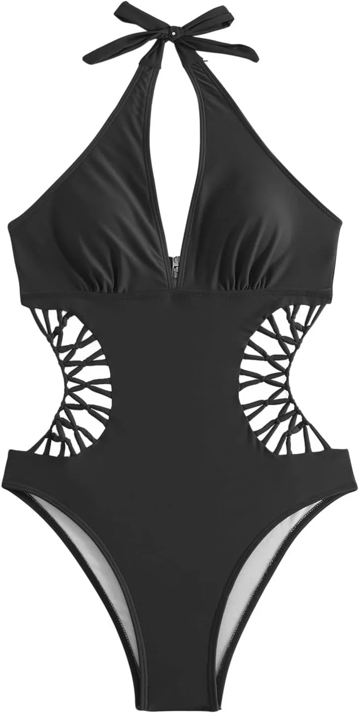 Swim Suits for Women 2025 Solid Color One Piece Swimsuit Hollow Tight Backless Swimsuit with Tummy Control