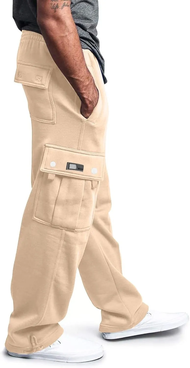 symoid Men's Fleece Cargo Sweatpants Open Bottom Drawstring Baggy Joggers Loose Fit Tech Athletic Workout Gym Pants