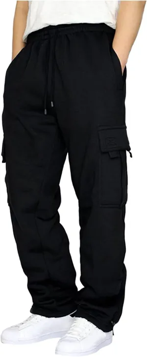 symoid Men's Fleece Cargo Sweatpants Open Bottom Drawstring Baggy Joggers Loose Fit Tech Athletic Workout Gym Pants