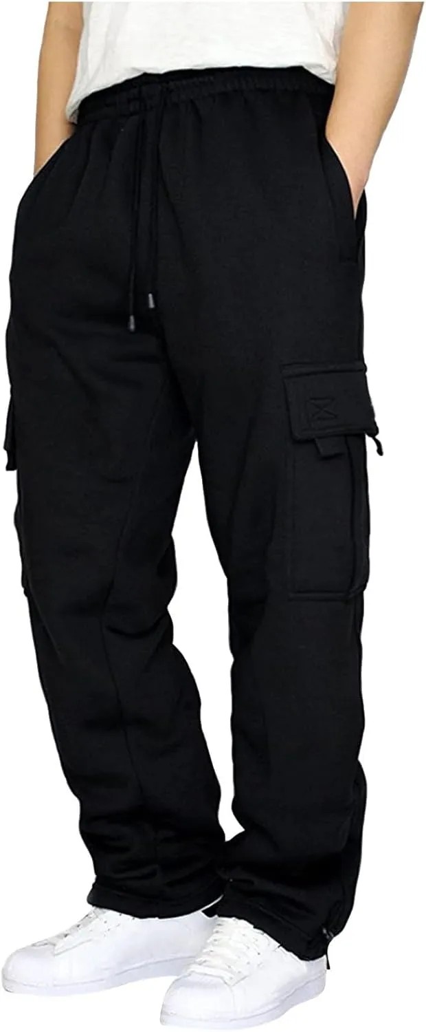 symoid Men's Fleece Cargo Sweatpants Open Bottom Drawstring Baggy Joggers Loose Fit Tech Athletic Workout Gym Pants