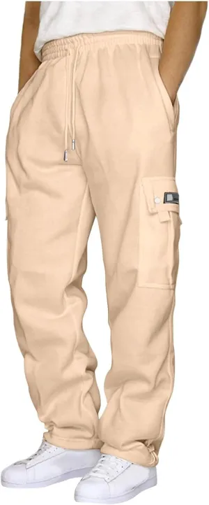 symoid Men's Fleece Cargo Sweatpants Open Bottom Drawstring Baggy Joggers Loose Fit Tech Athletic Workout Gym Pants