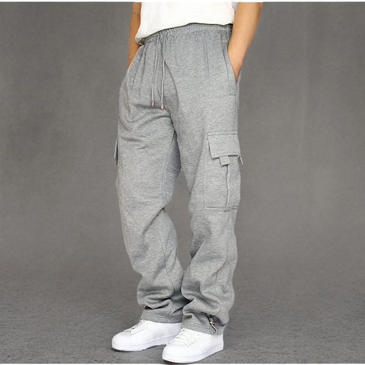 symoid Men's Fleece Cargo Sweatpants Open Bottom Drawstring Baggy Joggers Loose Fit Tech Athletic Workout Gym Pants