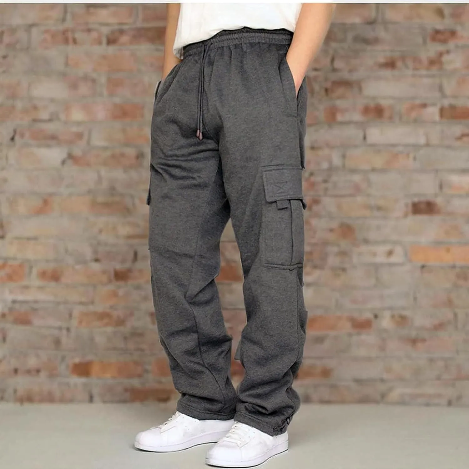 symoid Men's Fleece Cargo Sweatpants Open Bottom Drawstring Baggy Joggers Loose Fit Tech Athletic Workout Gym Pants
