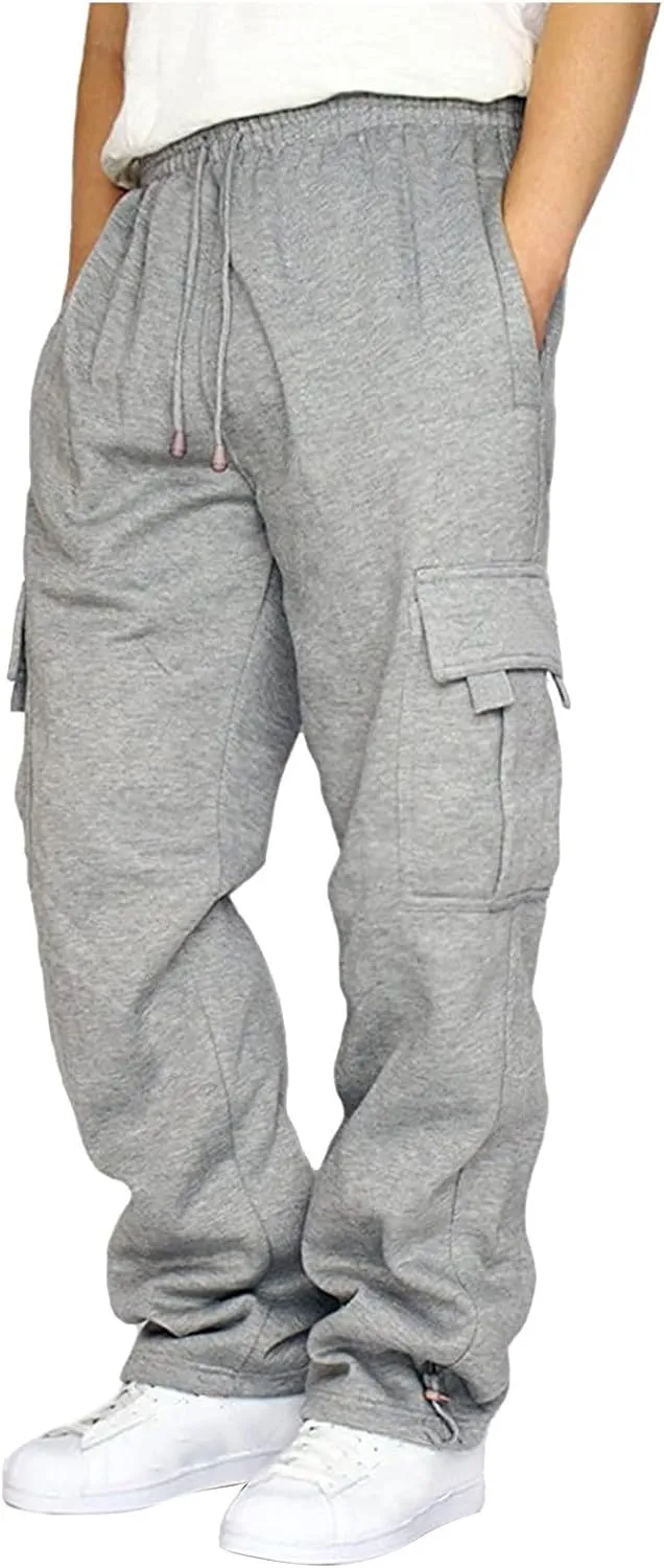 symoid Men's Fleece Cargo Sweatpants Open Bottom Drawstring Baggy Joggers Loose Fit Tech Athletic Workout Gym Pants
