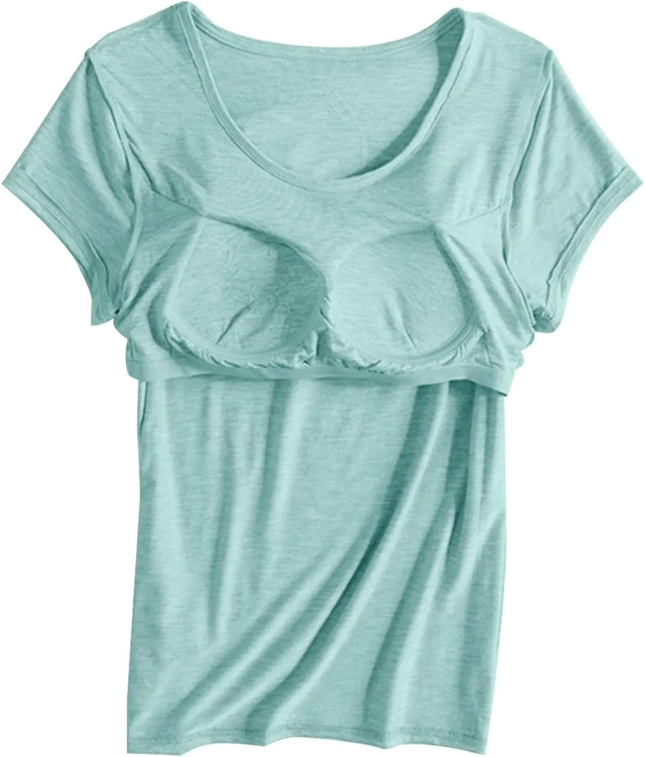 T-Shirt with Built-in Bra Women Workout Yoga Tops Short Sleeve Padded Bras Soft Pajama Plus Size Athletic Shirts