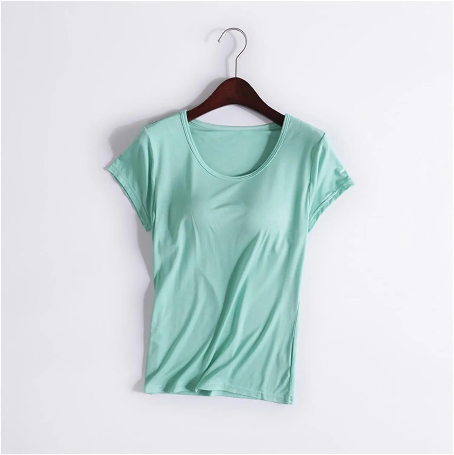 T-Shirt with Built-in Bra Women Workout Yoga Tops Short Sleeve Padded Bras Soft Pajama Plus Size Athletic Shirts