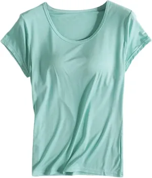 T-Shirt with Built-in Bra Women Workout Yoga Tops Short Sleeve Padded Bras Soft Pajama Plus Size Athletic Shirts