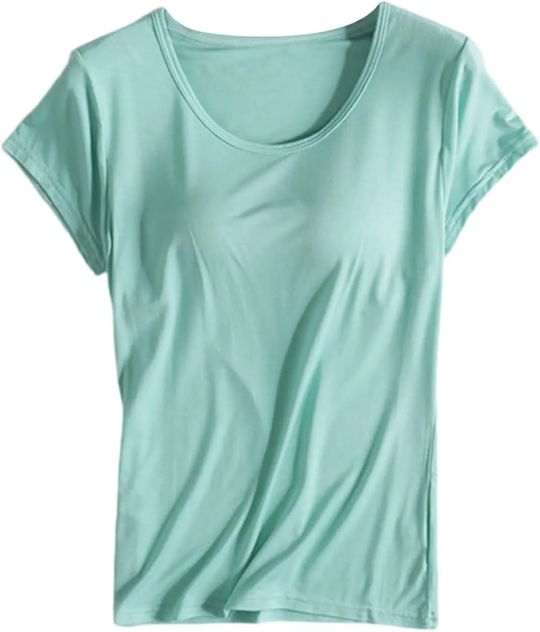 T-Shirt with Built-in Bra Women Workout Yoga Tops Short Sleeve Padded Bras Soft Pajama Plus Size Athletic Shirts