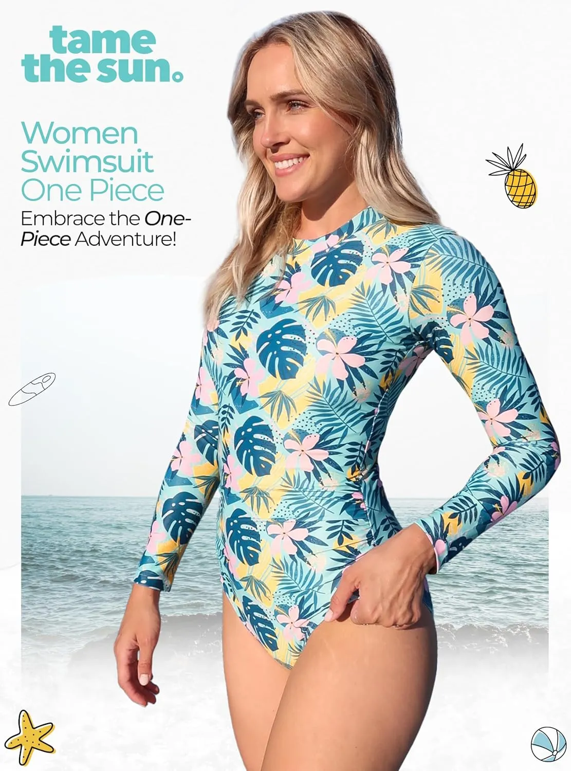 Tame the Sun Long Sleeve Swimsuits for Women - One Piece Tummy Control, UPF 50  Bathing Suit - Rash Guard, Zipper Swimwear