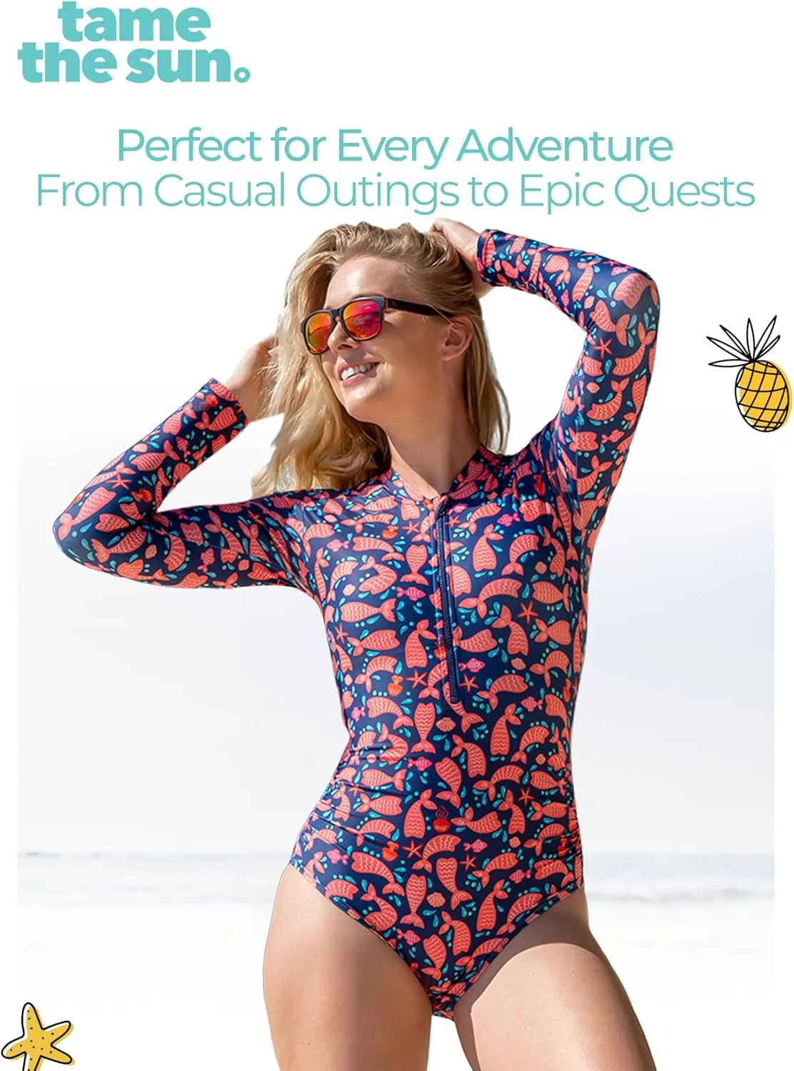 Tame the Sun Long Sleeve Swimsuits for Women - One Piece Tummy Control, UPF 50  Bathing Suit - Rash Guard, Zipper Swimwear