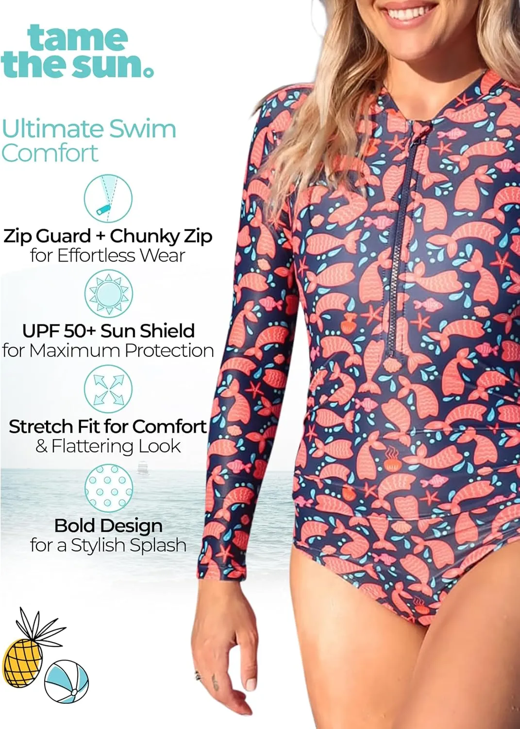 Tame the Sun Long Sleeve Swimsuits for Women - One Piece Tummy Control, UPF 50  Bathing Suit - Rash Guard, Zipper Swimwear