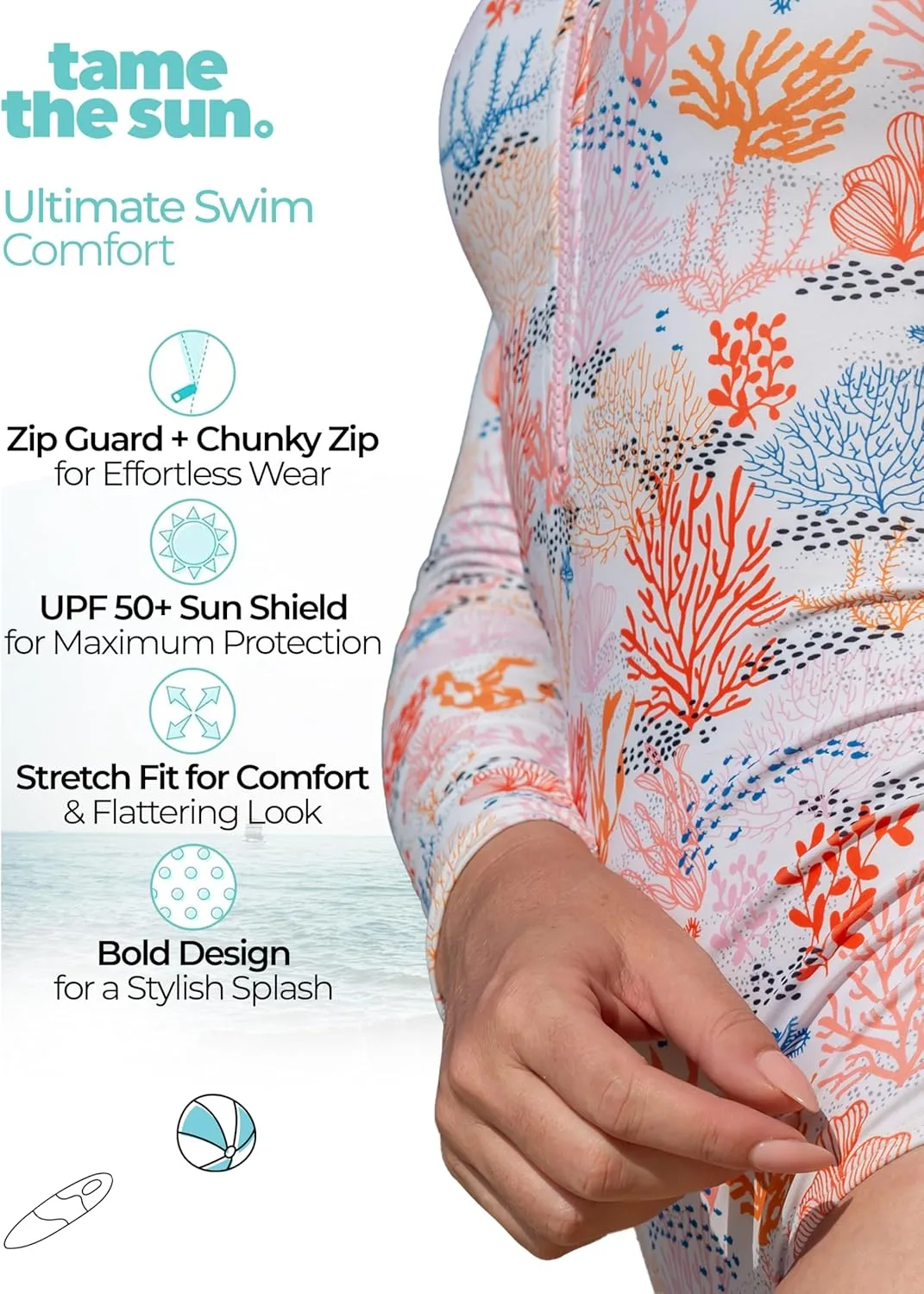 Tame the Sun Long Sleeve Swimsuits for Women - One Piece Tummy Control, UPF 50  Bathing Suit - Rash Guard, Zipper Swimwear