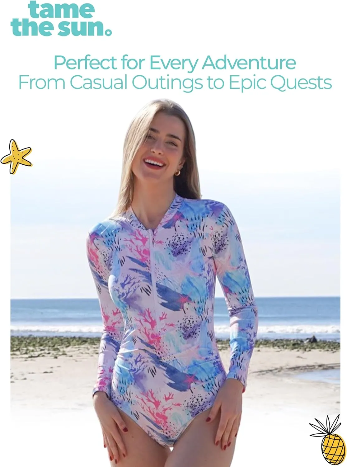 Tame the Sun Long Sleeve Swimsuits for Women - One Piece Tummy Control, UPF 50  Bathing Suit - Rash Guard, Zipper Swimwear