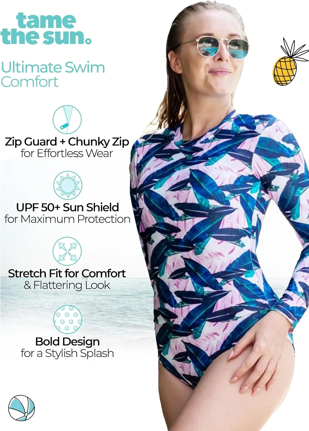 Tame the Sun Long Sleeve Swimsuits for Women - One Piece Tummy Control, UPF 50  Bathing Suit - Rash Guard, Zipper Swimwear