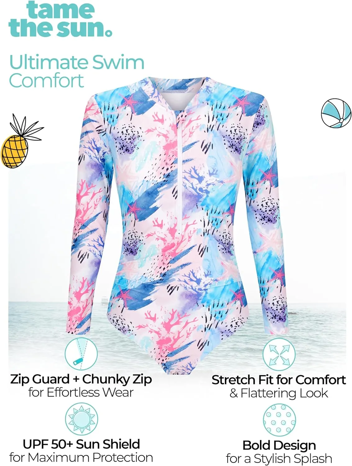 Tame the Sun Long Sleeve Swimsuits for Women - One Piece Tummy Control, UPF 50  Bathing Suit - Rash Guard, Zipper Swimwear