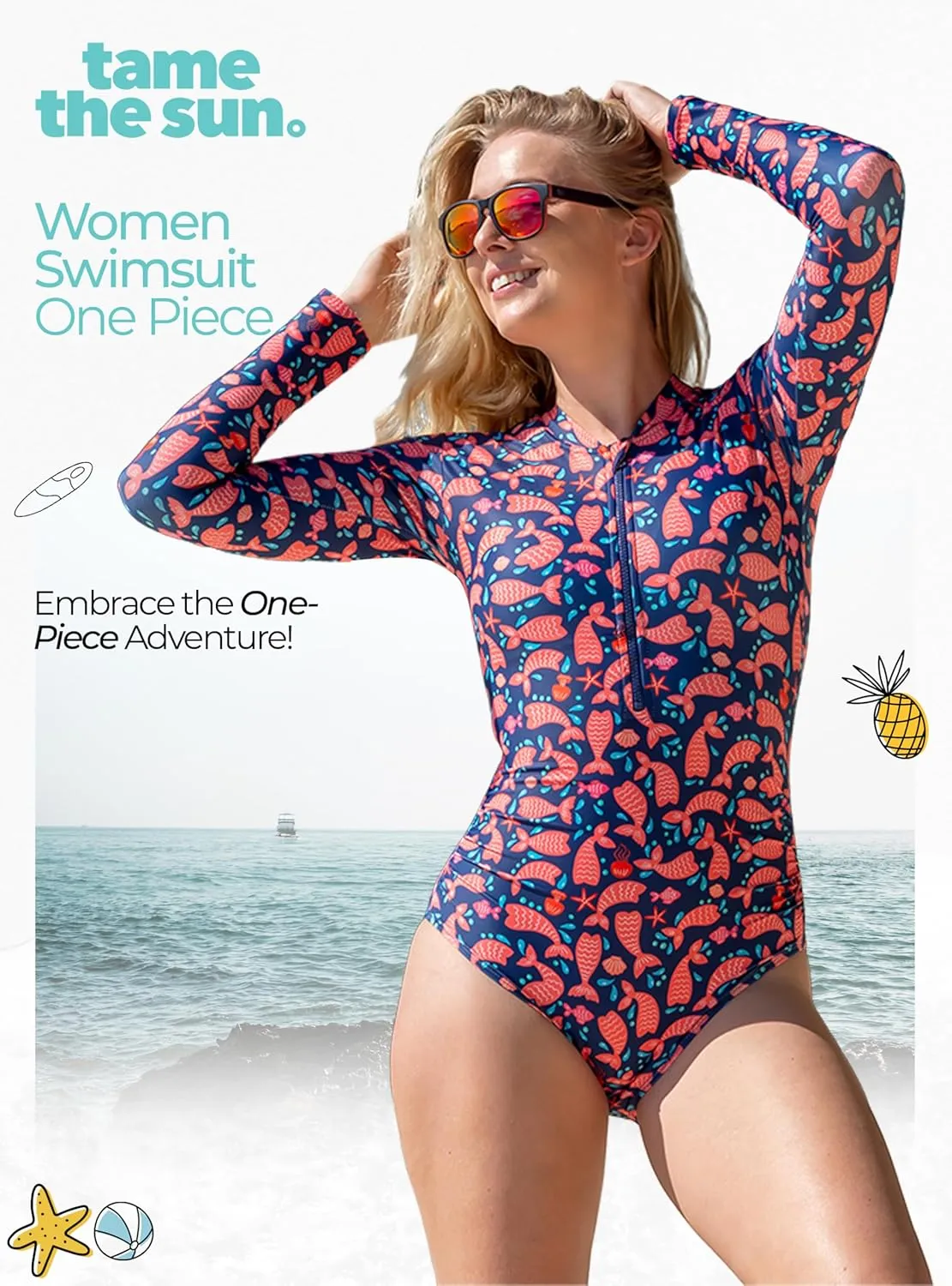Tame the Sun Long Sleeve Swimsuits for Women - One Piece Tummy Control, UPF 50  Bathing Suit - Rash Guard, Zipper Swimwear