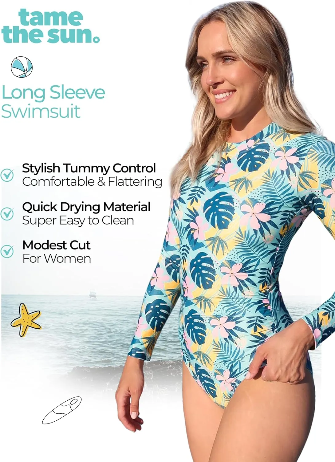 Tame the Sun Long Sleeve Swimsuits for Women - One Piece Tummy Control, UPF 50  Bathing Suit - Rash Guard, Zipper Swimwear
