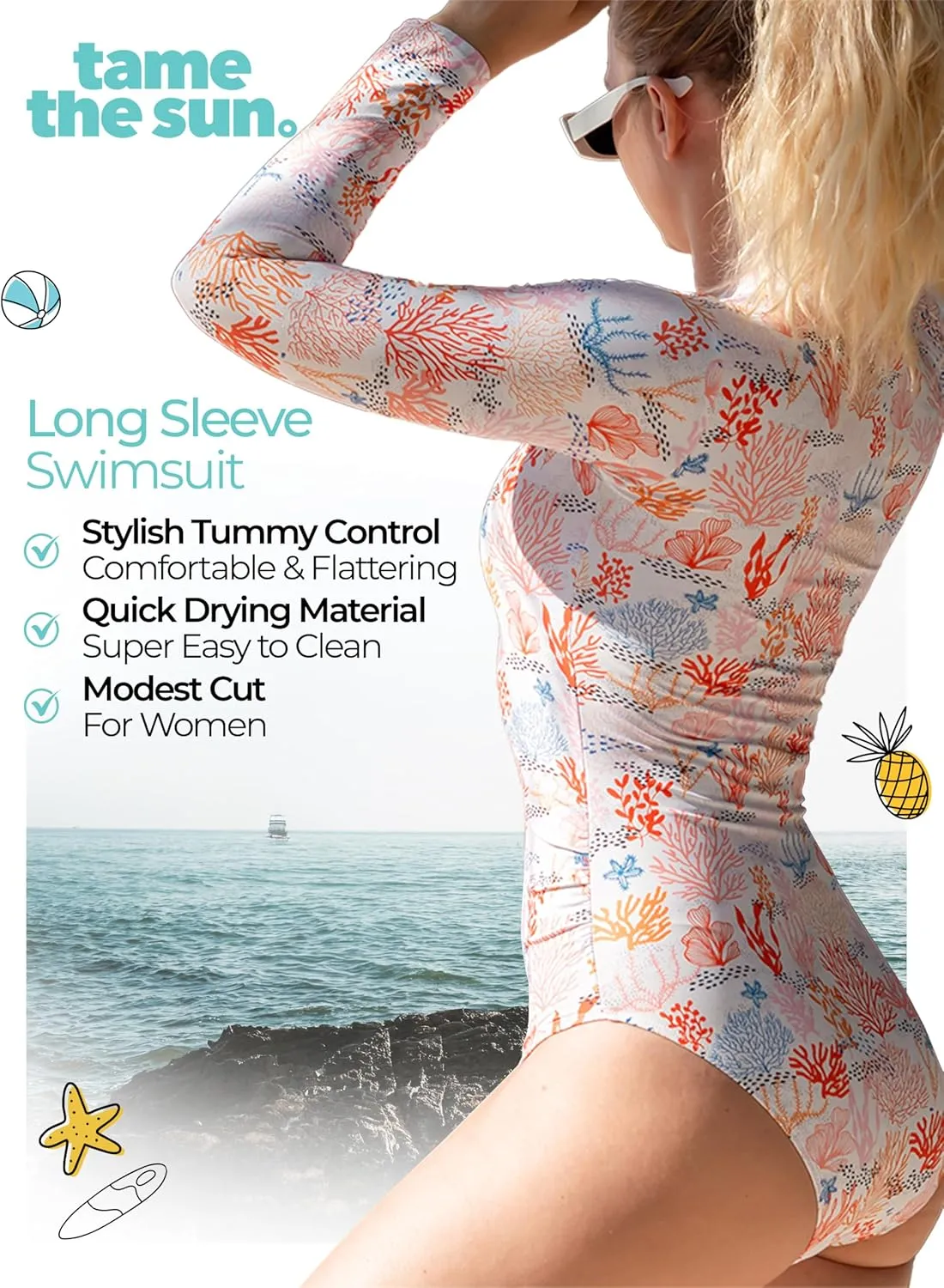 Tame the Sun Long Sleeve Swimsuits for Women - One Piece Tummy Control, UPF 50  Bathing Suit - Rash Guard, Zipper Swimwear