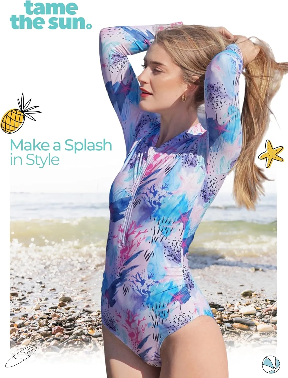 Tame the Sun Long Sleeve Swimsuits for Women - One Piece Tummy Control, UPF 50  Bathing Suit - Rash Guard, Zipper Swimwear