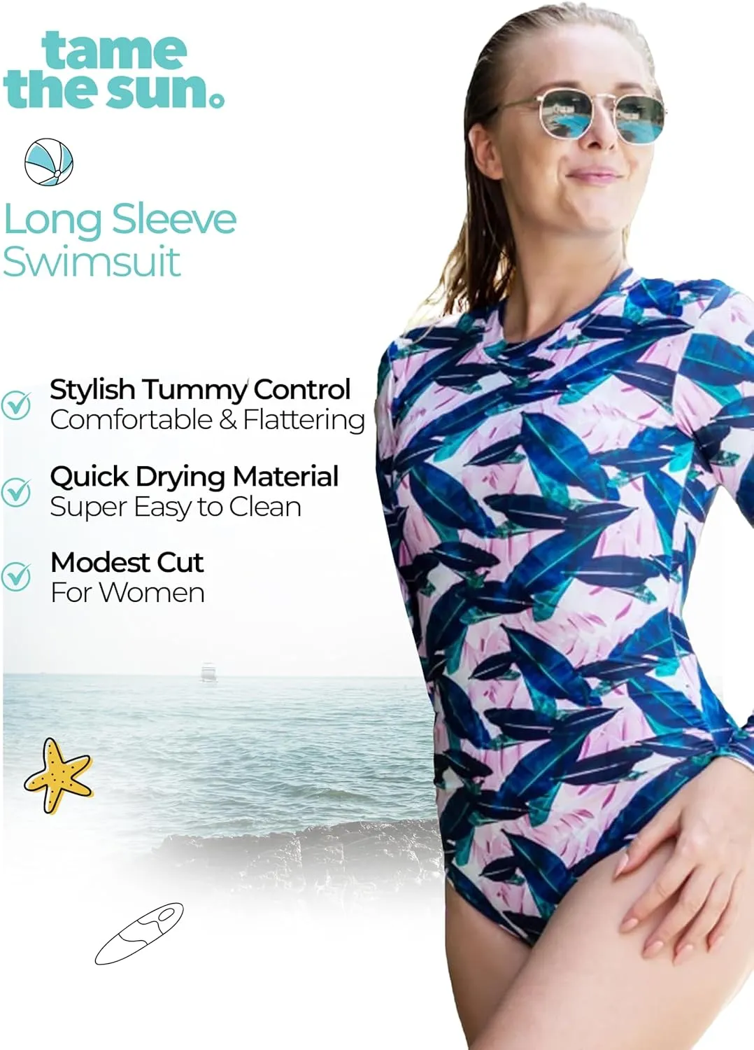 Tame the Sun Long Sleeve Swimsuits for Women - One Piece Tummy Control, UPF 50  Bathing Suit - Rash Guard, Zipper Swimwear