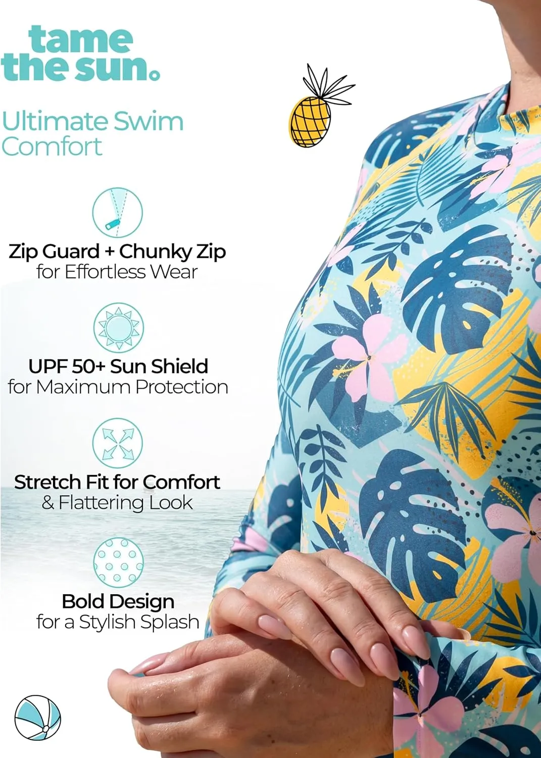 Tame the Sun Long Sleeve Swimsuits for Women - One Piece Tummy Control, UPF 50  Bathing Suit - Rash Guard, Zipper Swimwear