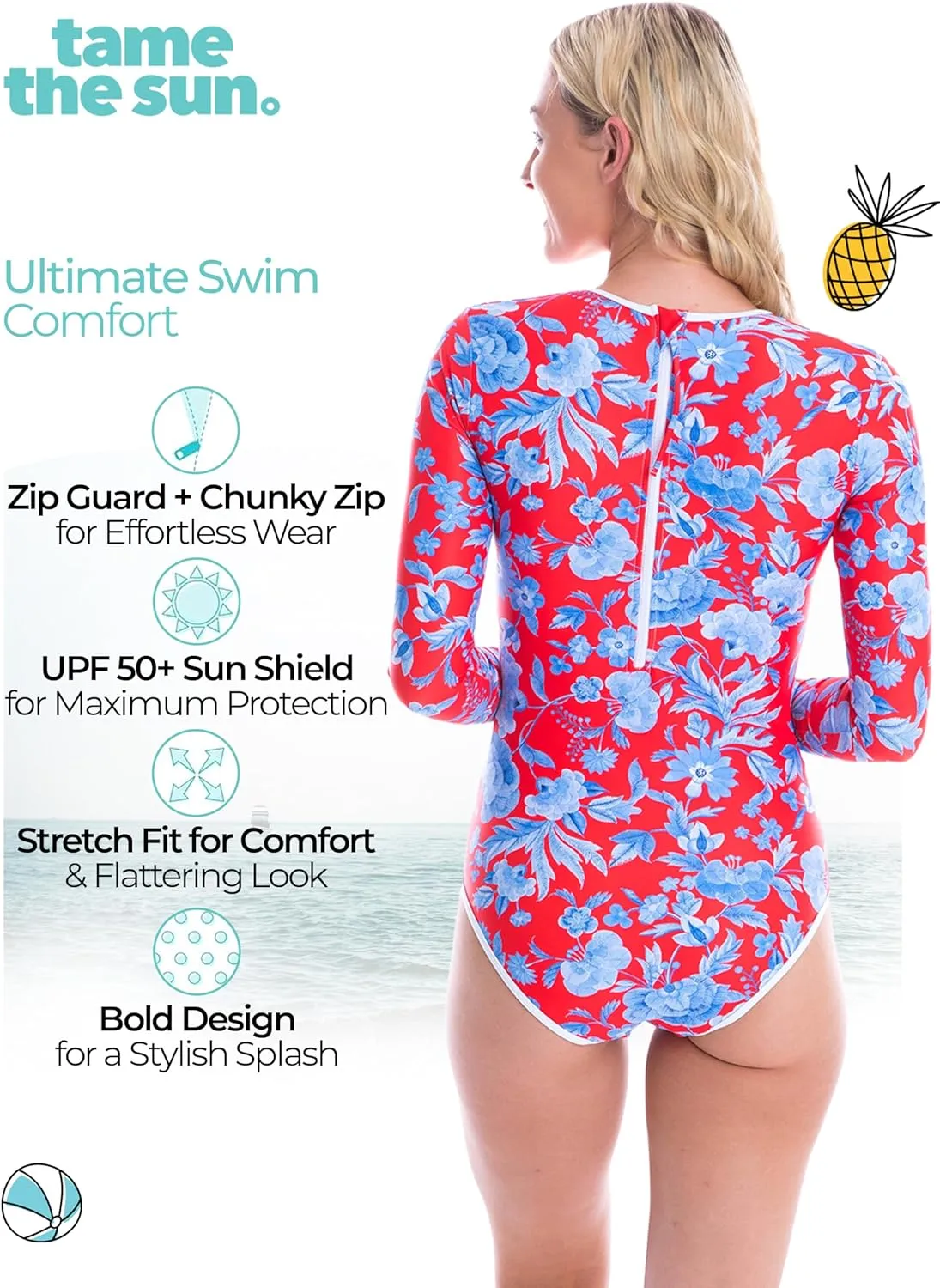 Tame the Sun Long Sleeve Swimsuits for Women - Tummy Control, Ruched Fully Lined Bathing Suit - Rash Guard, Zipper Swimwear