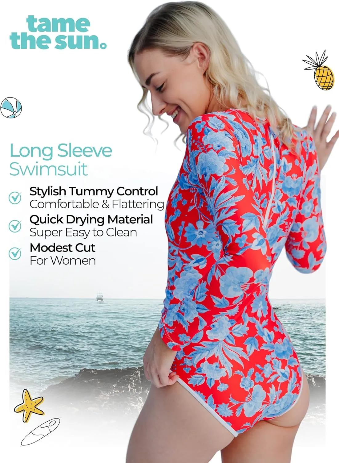 Tame the Sun Long Sleeve Swimsuits for Women - Tummy Control, Ruched Fully Lined Bathing Suit - Rash Guard, Zipper Swimwear