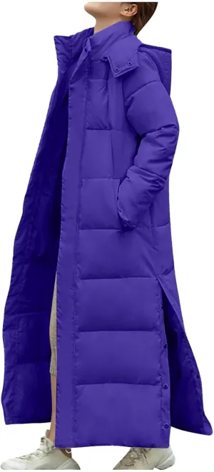 TANGNADE Long Puffer Coat Women with Hood Thickened Long Down Jacket Winter Maxi Length Hooded Jacket with Side Button