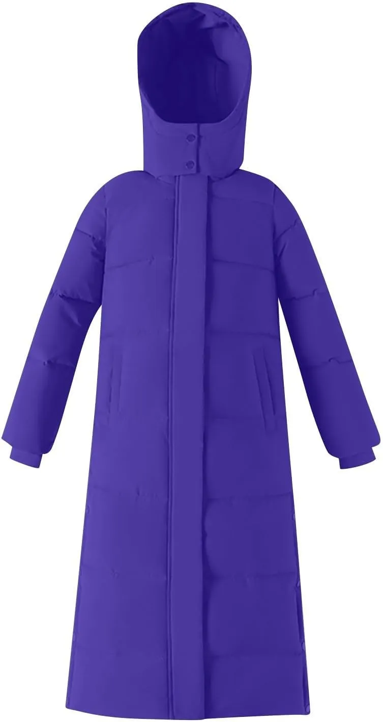 TANGNADE Long Puffer Coat Women with Hood Thickened Long Down Jacket Winter Maxi Length Hooded Jacket with Side Button
