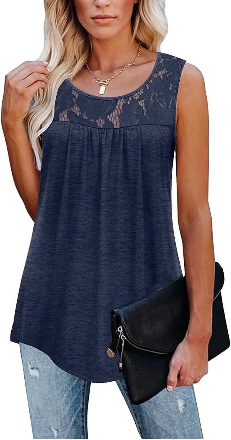 Tank Top for Women, Plus Size Sleeveless Tunic Tops Fashion Lace Patchwork Summer Blouses Crewneck Ruched Solid Shirt