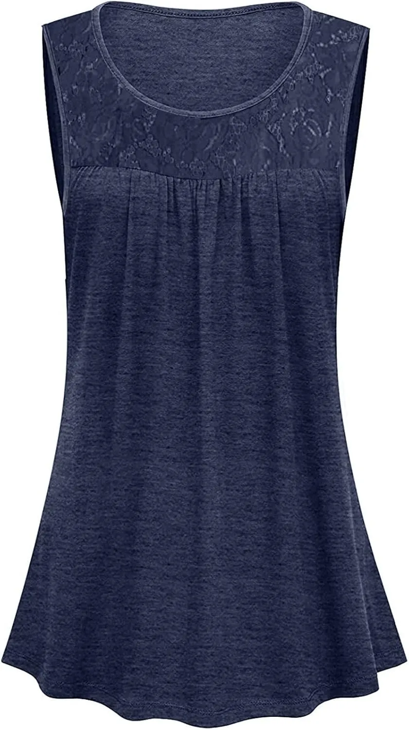 Tank Top for Women, Plus Size Sleeveless Tunic Tops Fashion Lace Patchwork Summer Blouses Crewneck Ruched Solid Shirt