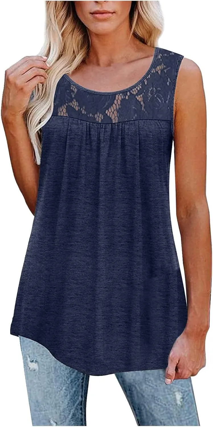 Tank Top for Women, Plus Size Sleeveless Tunic Tops Fashion Lace Patchwork Summer Blouses Crewneck Ruched Solid Shirt