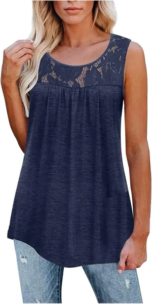 Tank Top for Women, Plus Size Sleeveless Tunic Tops Fashion Lace Patchwork Summer Blouses Crewneck Ruched Solid Shirt