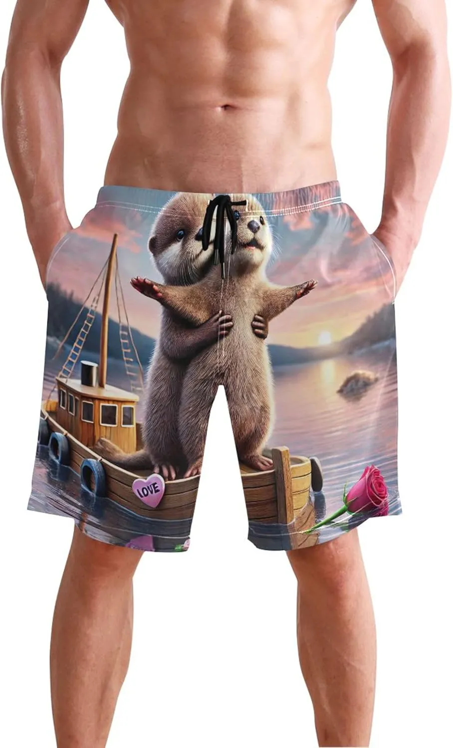 Titanic Otter Romantic Love Swimming Shorts Beach Swim Trunks Men Cute Hawaiian Swimwear Quick Dry S