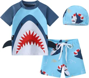 Toddler Boy Swimsuit 3 Piece Boys Swim Set Short Sleeve Boys Swim Shirt Boys Swim Trunks Rash Guard Bathing Suits