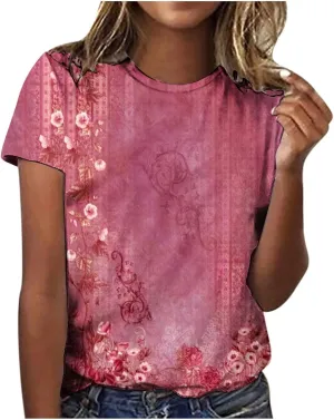 Tops for Women Trendy Casual Round Neck Short Sleeve Top Floral Print Tees Vintage Shirt Loose Lightweight Blouses